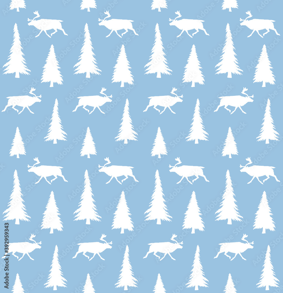 Vector seamless pattern of white hand drawn reindeer and spruce tree silhouette isolated on blue background