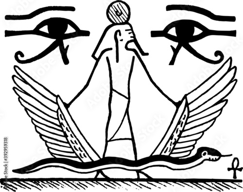 Drawing of hieroglyphic symbols and pharaoh in ancient Egypt style with white background. Hand drawn and digital retouch.