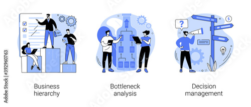 Management system abstract concept vector illustration set. Business hierarchy, bottleneck analysis, decision management, workflow improvement, enterprise analysis software, IT tool abstract metaphor.