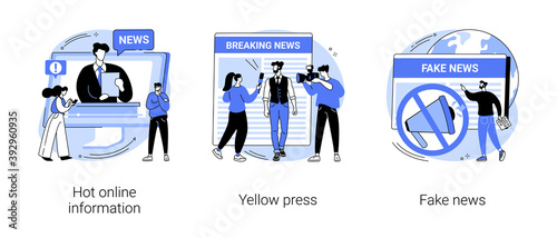 Headline content abstract concept vector illustration set. Hot online information, yellow press, fake news, breaking, paparazzi media, online magazine, celebrity scandal, rumors abstract metaphor.
