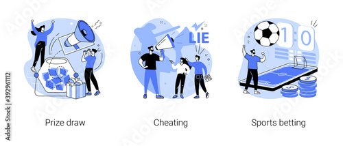 Bookmaker market abstract concept vector illustration set. Prize draw, cheating, sports betting mobile app, computer games, online e-sport gambling, winner strategy, competition abstract metaphor.