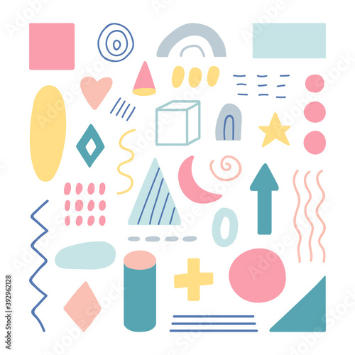 Geometric shapes collection. Unique hand drawn geometric templates. Memphis design elements for social media. Minimal texture. Organic shapes in pastel color. Vector illustration