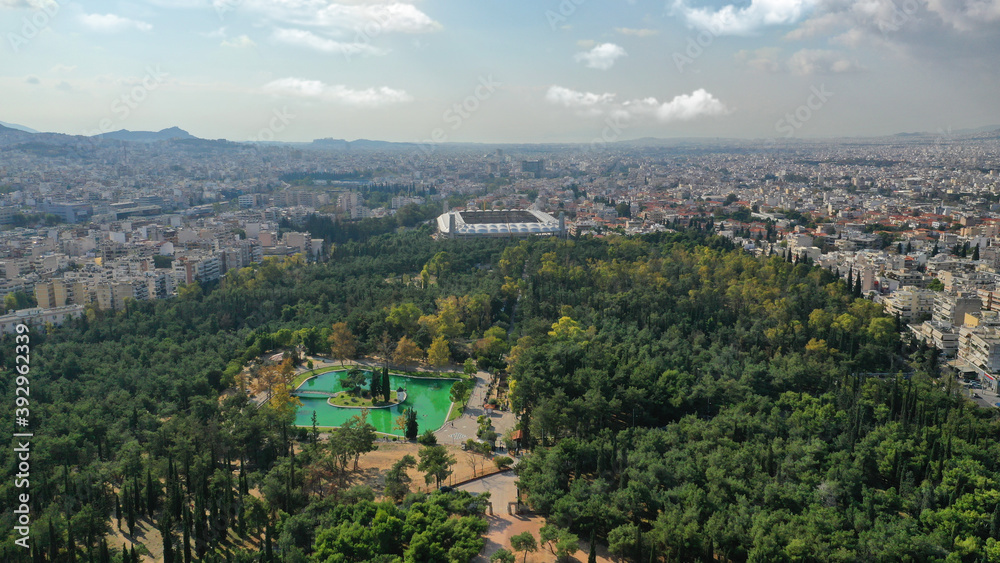 Aerial drone photo of famous park of Filadelfia or Philadelfia in a winter morning in the heart of Athens near Parnitha mountain, Attica, Greece