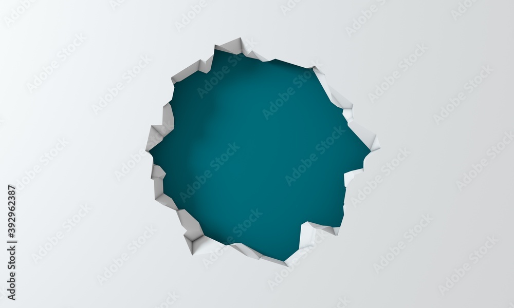 3D rendering - white background simulating a hole in the wall. Broken stone banner. Background with vibrant color. Dynamic abstraction.