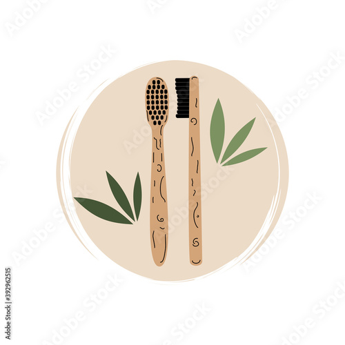 Cute logo or icon vector with ecological bamboo toothbrushes, illustration on circle with brush texture, for social media story and highlights