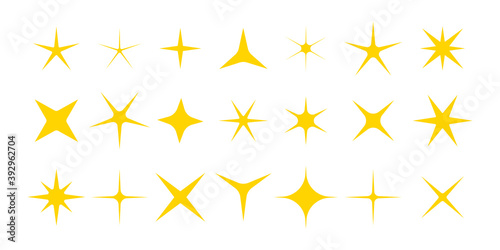 Twinkle stars. Icons of stars with sparkle. Christmas symbols with shine sparks. Flare light from xmas shapes. Magic flash  burst for holiday. Gold graphic elements for decoration. Bright set. Vector