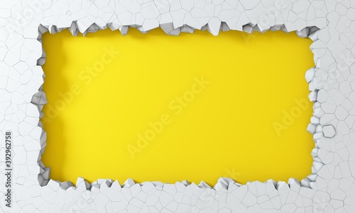 3D rendering - white background simulating a hole in the wall. Broken stone banner. Background with vibrant color. Dynamic abstraction.