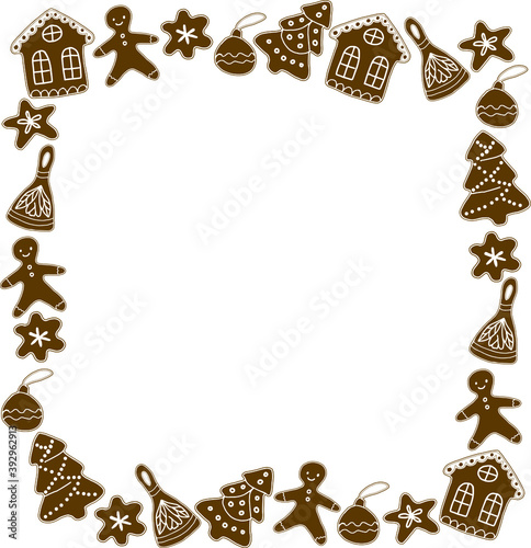 Frame made of Christmas elements. Gingerbread. Vector. Cartoon. Gingerbread cookies in the form of Christmas trees, a house, snowflakes and toys. Suitable for postcards, invitations, space for text.