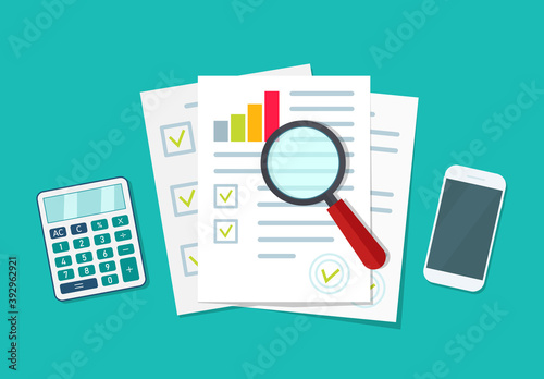 Audit icon. Financial research and report. Document with verification data and result of analyze. Auditor, accountant check on paper. Chart on sheet for seo analytics, control quality, review. Vector photo