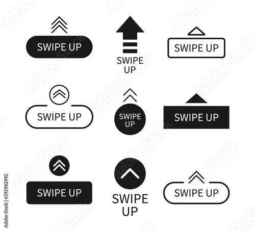 Swipe up icon. Arrows with buttons. Slide in story. Logos for scroll and drag in social media app. UI for action in internet. Black template with modern design. Outline mockup for blog. Vector