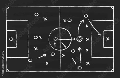 Soccer tactic on board. Football strategy on chalkboard. Plan for game. Blackboard with chalk for sport coach. Sketch scheme with arrows for attack in goal. Playbook for training of team. Vector