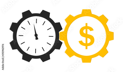 Time is money. Icon with clock and cog. Logo of wage and superannuation. Circles with hours and gear. Cash dollars after work. Beneficial investment and speed growth wealth. Profit in minute. Vector
