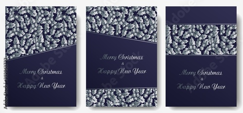 Colored christmas party invitation  banner  poster or postcard with holly silhouette for the new year holiday. Winter illustration of holly for december design
