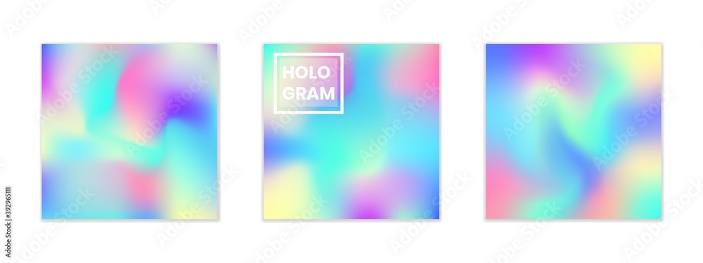 Collection of abstract iridescent square backgrounds. Vector hologram textures in trendy neon color design. Blurry holographic foil backdrop for web app, mobile interface or cover