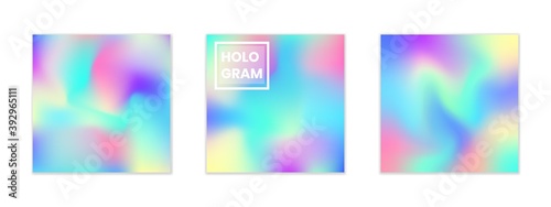 Collection of abstract iridescent square backgrounds. Vector hologram textures in trendy neon color design. Blurry holographic foil backdrop for web app, mobile interface or cover