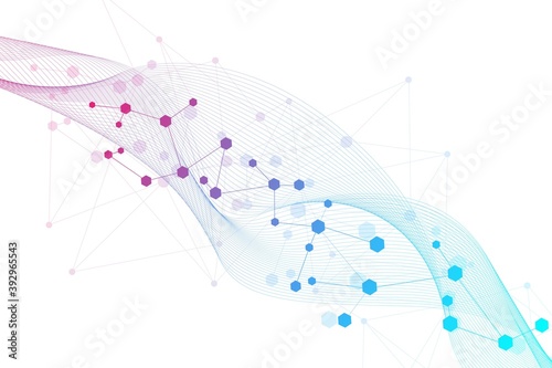 Structure molecule and communication. Dna, atom, neurons. Scientific concept for your design. Connected lines with dots. Medical, technology, chemistry, science background. Vector illustration.