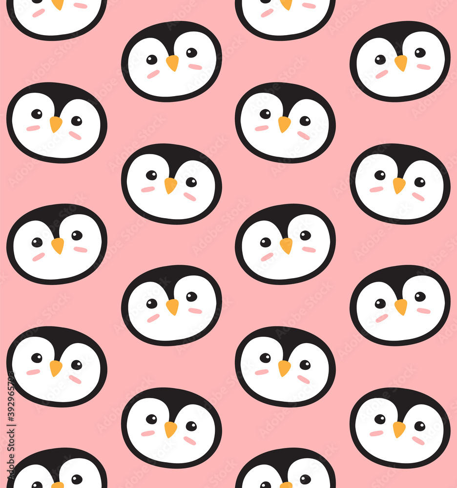 Vector seamless pattern of flat cartoon doodle penguin face isolated on pink background Vector seamless pattern of flat cartoon doodle penguin face isolated on pink background