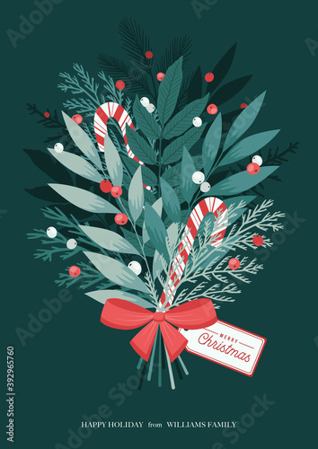 Christmas bouquet with bow, lollipops, holly berries, winter plants and leaves, pine branches. Xmas and Happy New Year postcard. Vector illustration