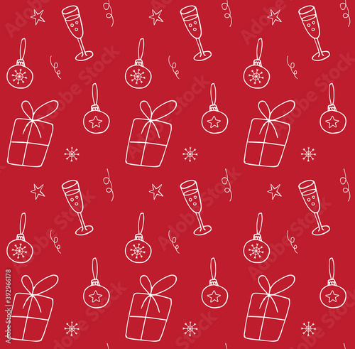 Vector seamless pattern of white hand drawn doodle sketch new year Christmas elements isolated on red background