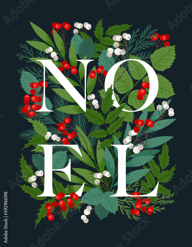 Holiday frame with the world NOEL. Vector illustrtion with holly and rowan berries, fir and pine branches, winter leaves and plants. Merry Christmas and Happy New Year postcard