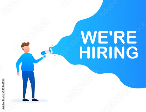 We re Hiring web banner. Megaphone With We are Hiring Speech on green background. Vector stock illustration.