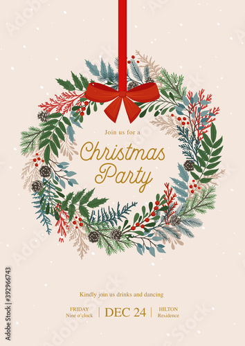 Christmas wreath with holly berries, mistletoe, pine and fir branches, cones, rowan berries. Xmas and happy new year postcard. Vector illustration, holiday party invitation