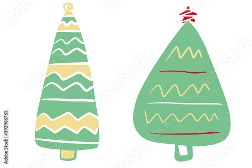 Hand-drawn Christmas tree set. Doodle cartoon illustration with Christmas decorations, stars. New year concept. Abstract poster with holiday symbols. Vector collection isolated on white background.