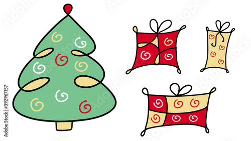 Hand-drawn Christmas tree and gifts. Doodle cartoon illustration with Christmas decorations. New year concept. Abstract poster with holiday symbols. Vector sketch isolated on white background.