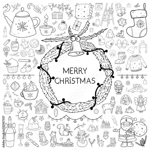 Merry Christmas big hand drawn doodle set - all elements, decorations and characters. Outline vector illustration, New Year holiday mega pack