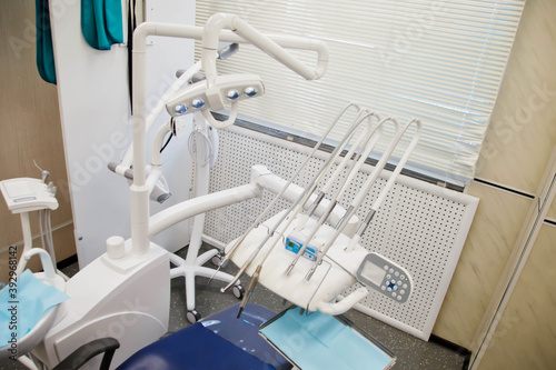 Dental tools and equipment in medical dental office. Prosthetics doctor s office in dental clinic. Concept of dental examination and treatment teeth. Copy space