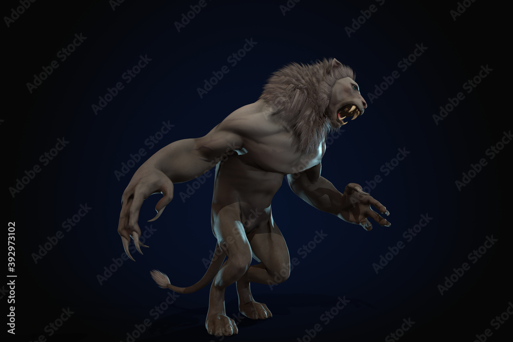 Fototapeta premium Fantasy character Humanoid Lion in epic pose - 3D render