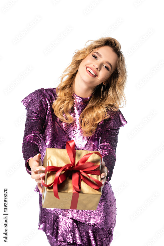 happy elegant woman in sequin dress giving gift box isolated on white happy elegant woman in sequin dress giving gift box isolated on white