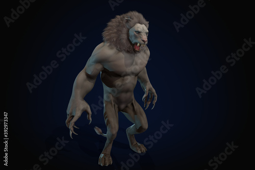 Fantasy character Humanoid Lion in epic pose - 3D render © botastock