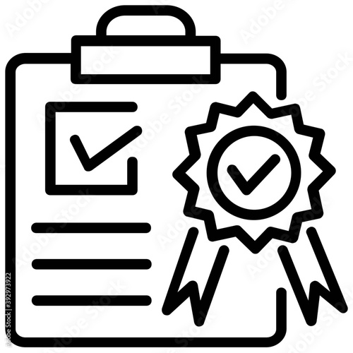 
A clipboard with a ribbon badge showing quality assurance line icon design
