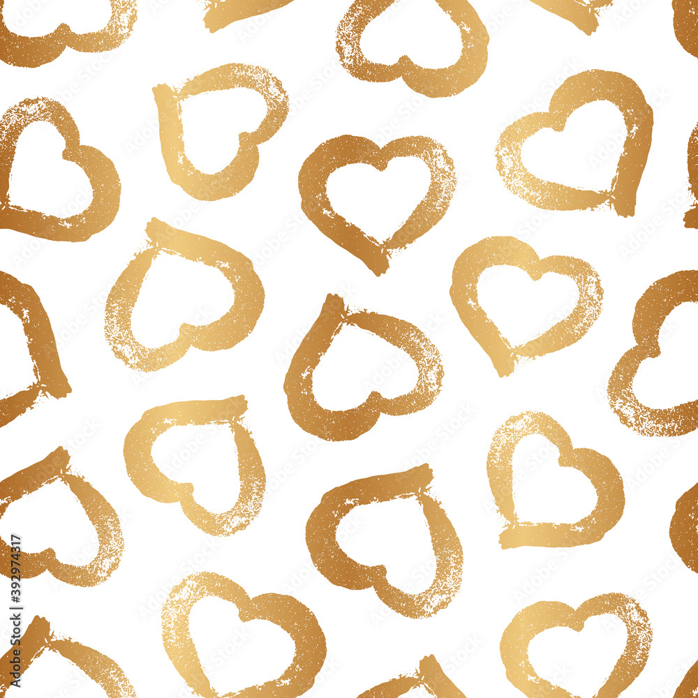 Gold heart seamless pattern. Elegant golden hearts. Beautiful romantic heart. Background for design love, gift wrappers, wedding prints, wrapping paper, wallpaper, package, textile, invitation. Vector