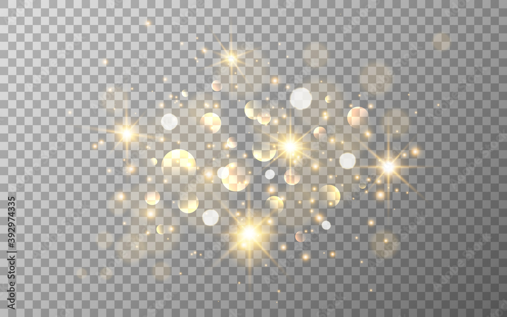 Glow light effect. Gold glitter and bokeh on transparent backdrop. Luxury particles with stardust. Magic Christmas composition. Special shine for poster or advertising. Vector illustration - obrazy, fototapety, plakaty 