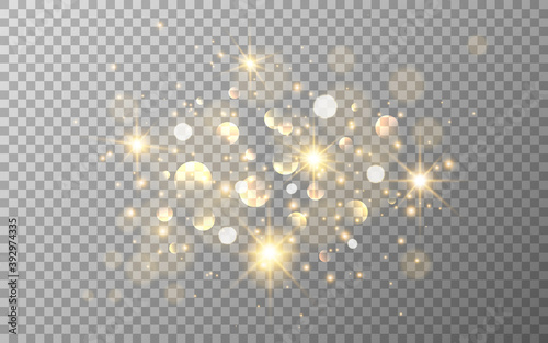 Glow light effect. Gold glitter and bokeh on transparent backdrop. Luxury particles with stardust. Magic Christmas composition. Special shine for poster or advertising. Vector illustration
