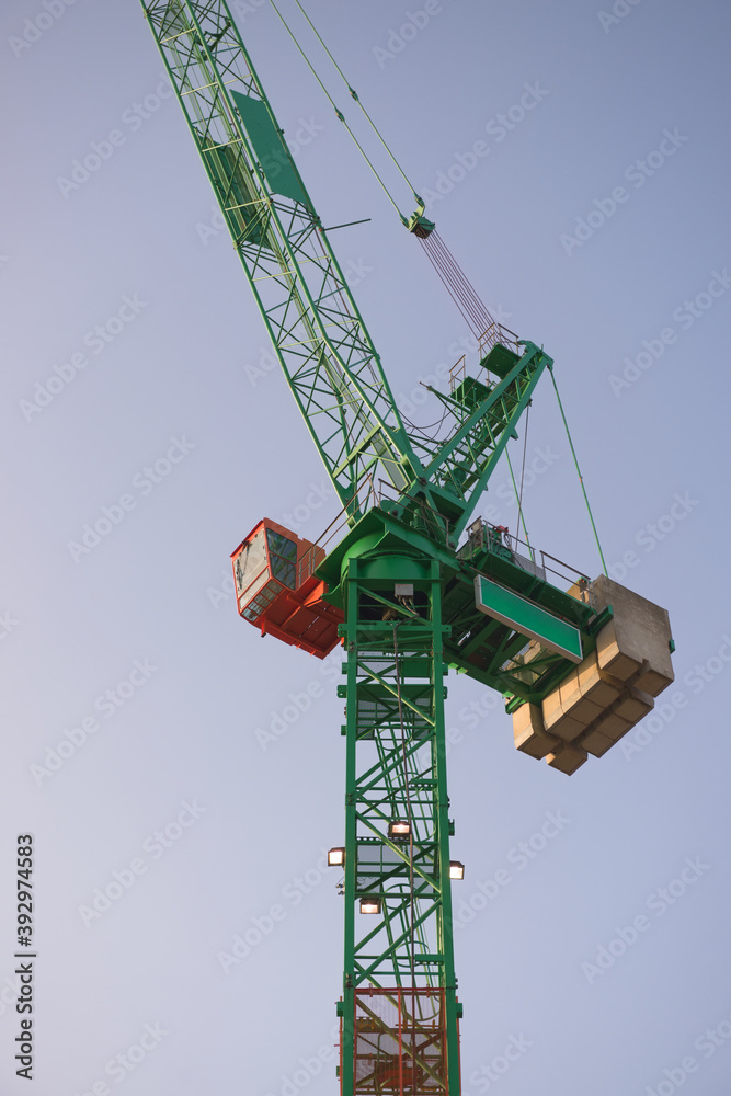 Vertical telephoto close up of a green and orange crane at sunrise