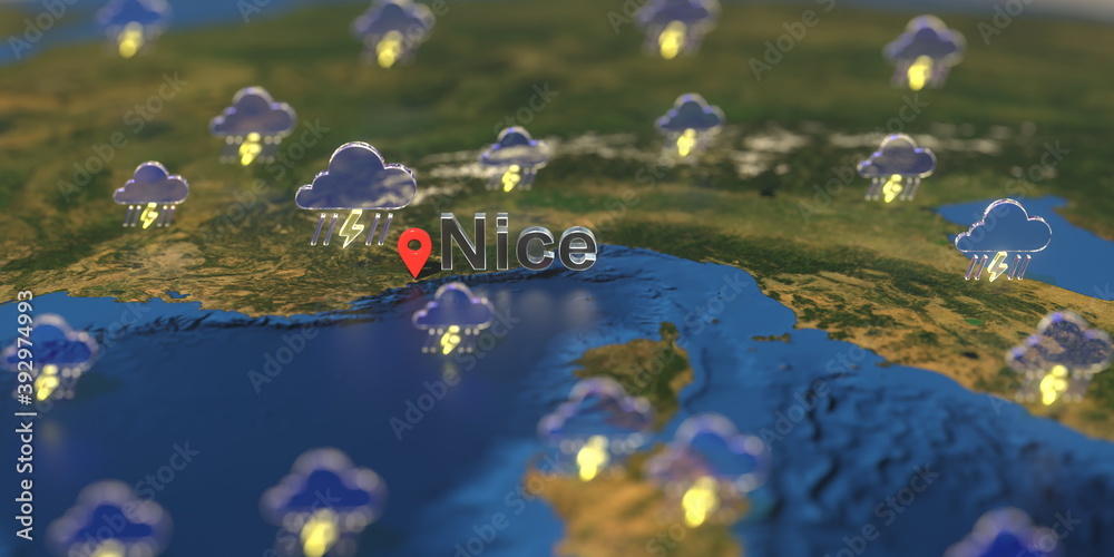 Nice city and stormy weather icon on the map, weather forecast related 3D rendering Nice city and stormy weather icon on the map, weather forecast related 3D rendering