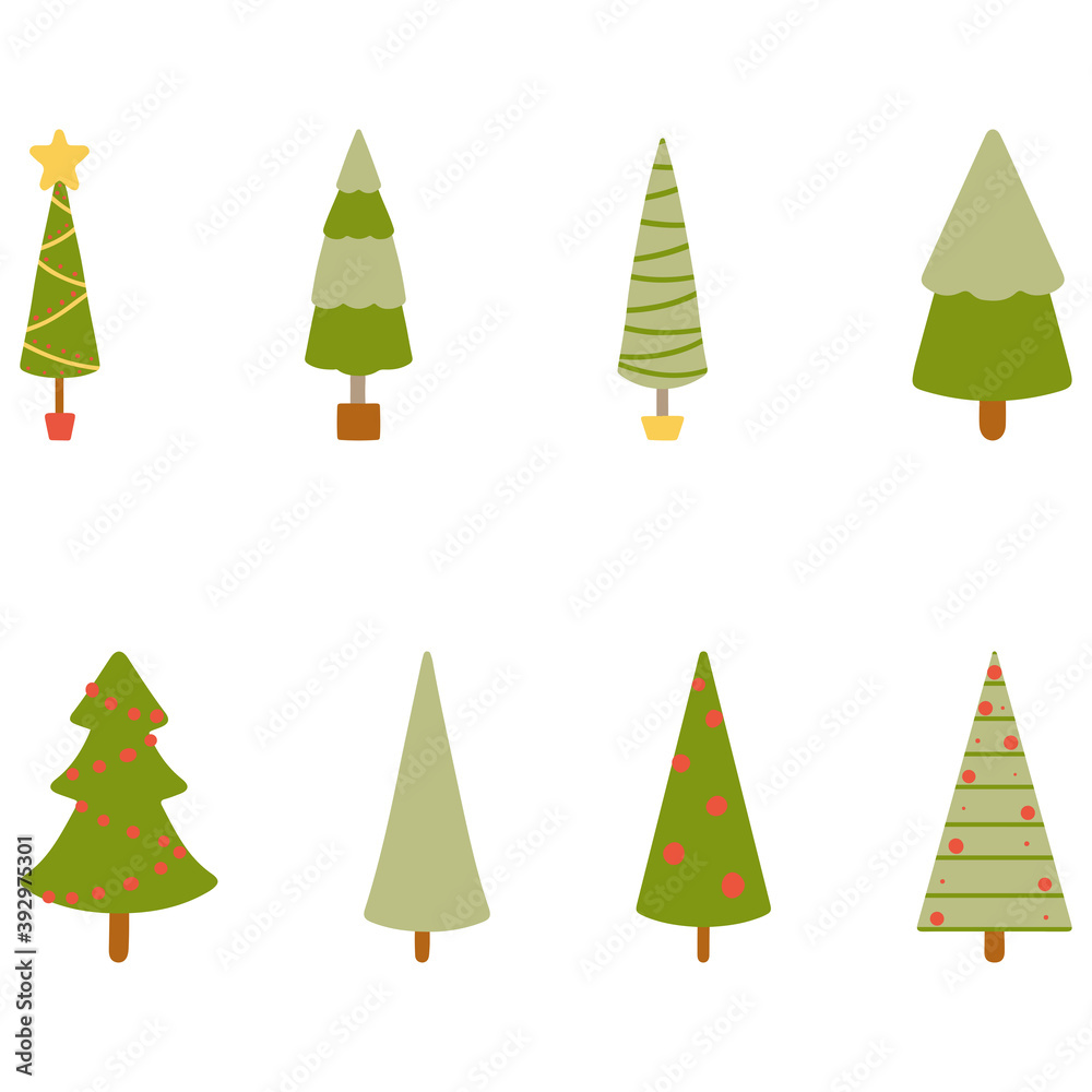 Set of Christmas green trees decorated with balls and a star. Happy Christmas Holidays. Vector hand drawn illustration. The symbol of the New Year. Can be used to decorate, clothes, gift wrapping