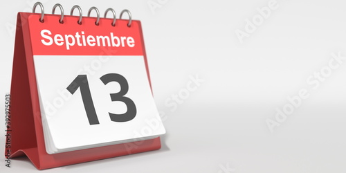 September 13 date written in Spanish on the flip calendar, 3d rendering