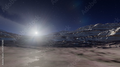 Exoplanet fantastic landscape. Beautiful views of the mountains and sky with unexplored planets. 3D illustration.