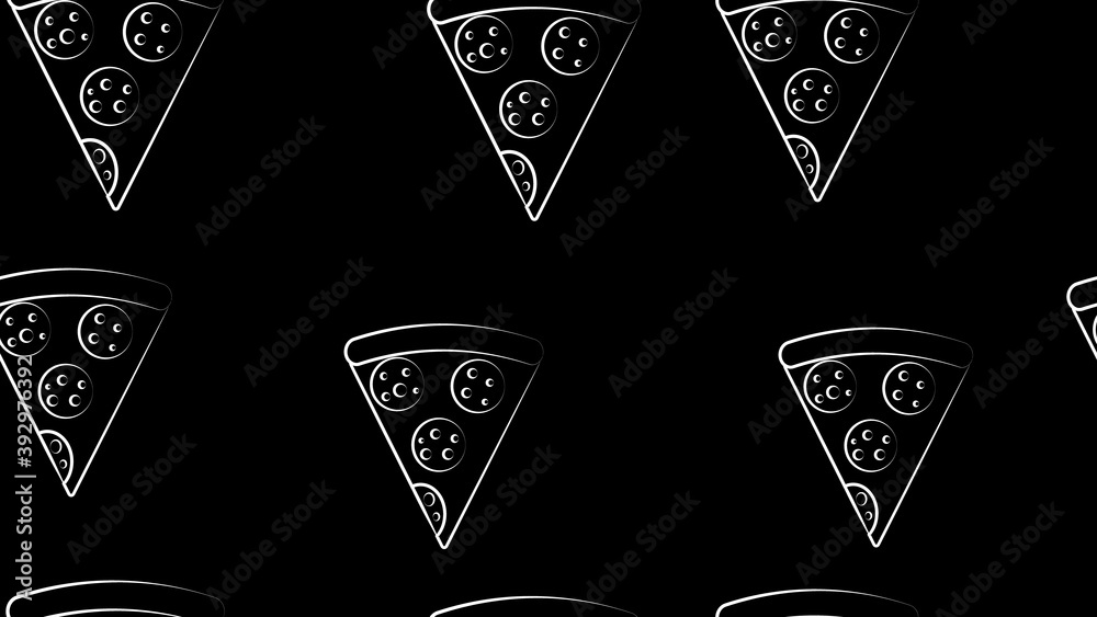slice of pizza on thin dough, on a black background, vector illustration, pattern. pizza stuffed with meat, cheese. design and decor. black and white pattern in chalk drawing style