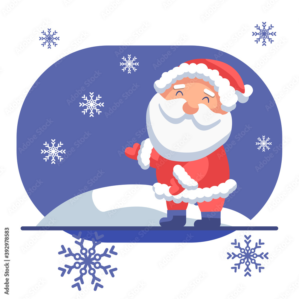 Obraz premium Santa Claus in red hat on white isolated backdrop. Christmas postcard for invitation or gift card, notebook, bath tile, scrapbook. Phone case or cloth print. Flat style stock vector illustration