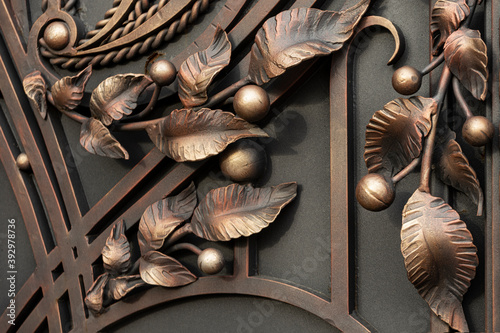 Decorative forged elements, forged abstract leaves on a metal gate