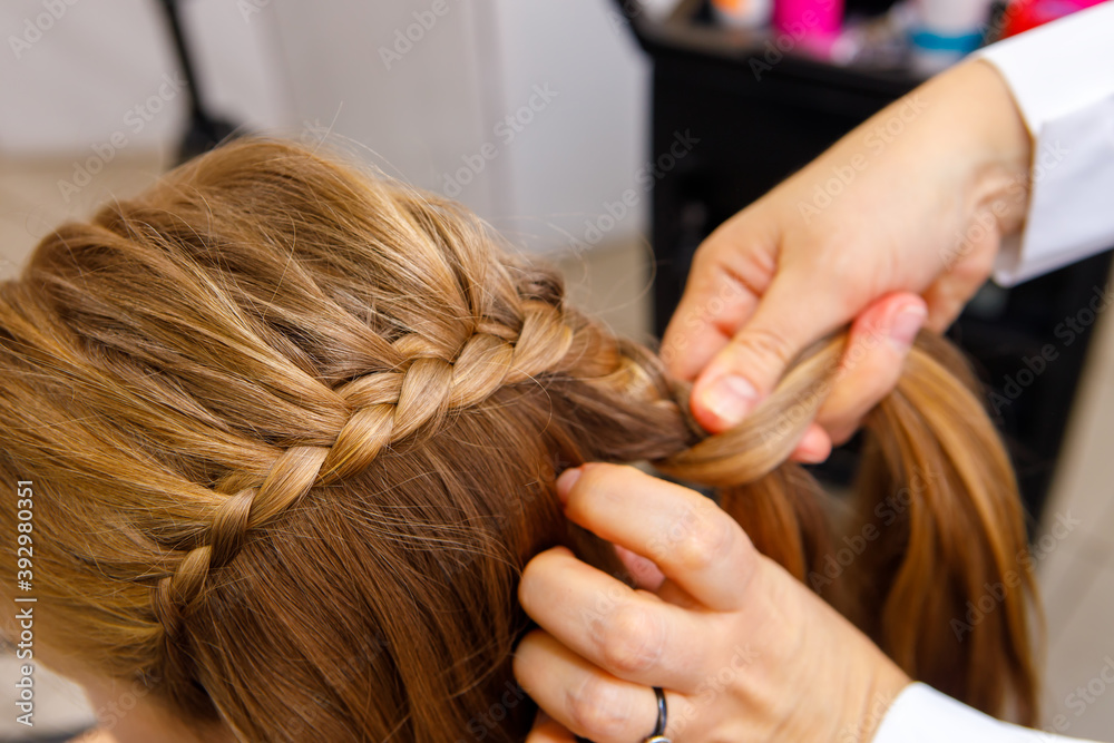 Fototapeta premium Professional braiding of braids by a master hairdresser in a beauty salon. The concept of hair care.