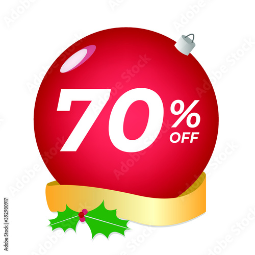 70% off. Seventy percent discount. Christmas sale banner. Red bubble with ornaments on a white background vector.