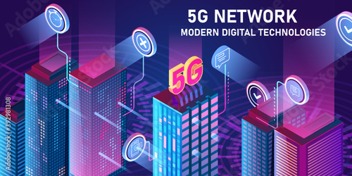 5G new wireless internet wifi connection. Smartphone mobile device isometric blue 3d flat. Global network high speed innovation and connection.