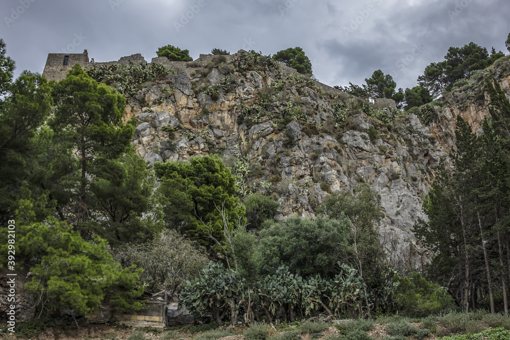 Wonderful scenery of the Rocca Mountain. La Rocca Mountain dominates the silhouette of Cefalu. Province of Palermo, Cefalu, Sicily, Italy. Wonderful scenery of the Rocca Mountain. La Rocca Mountain dominates the silhouette of Cefalu. Province of Palermo, Cefalu, Sicily, Italy.