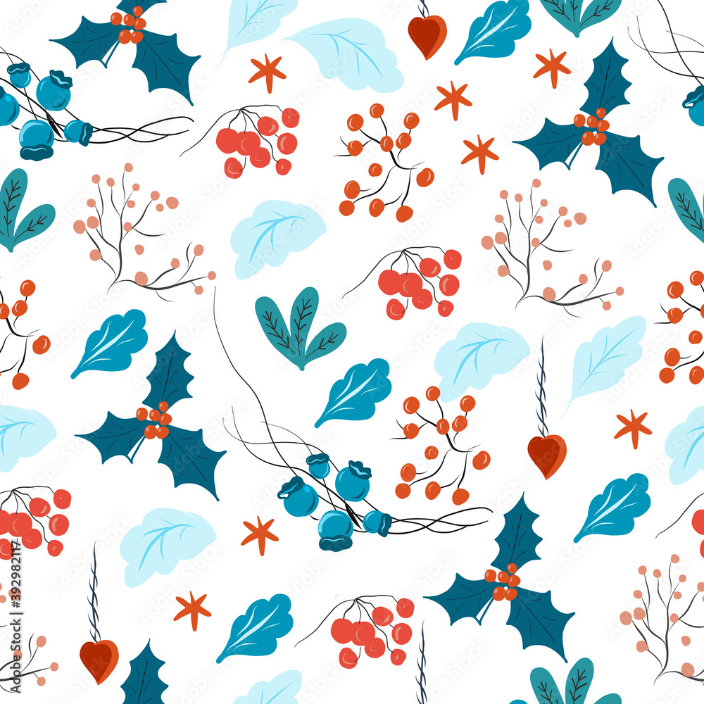 Seamless pattern with winter pattern of twigs and berries